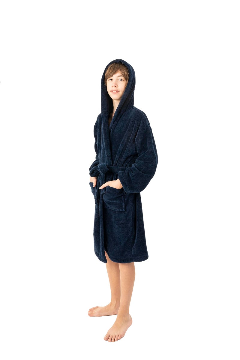 BC BARE COTTON Kids Microfiber Fleece Hooded Robe - Boys - Navy Blue - Large - Image 2